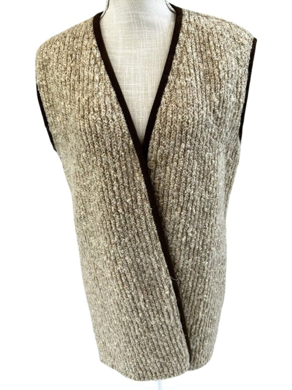 Vintage Saks Fifth Avenue Blassport Wool Blend Beige Sleeveless Cardigan Vest 12